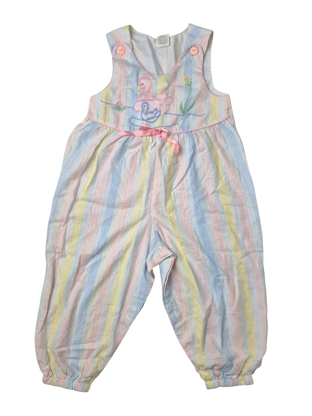 Vintage 80s 90s Pastel Seersucker Swan Romper Jumpsuit Kidcore 24 Months
